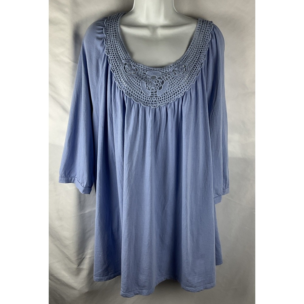 ELLOS Women's Size 2X 26/28 Blue CROCHET Yoke 3/4 Sleeve Tunic Flowy Summer